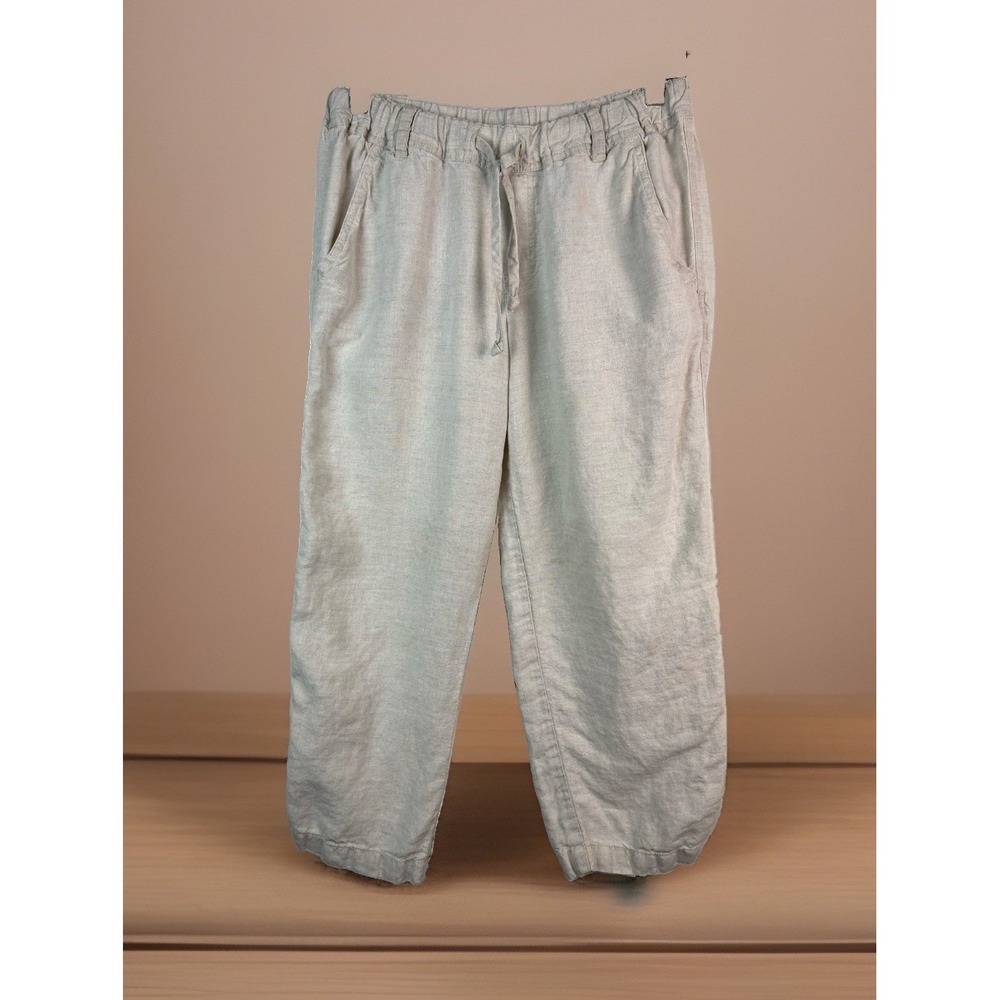 Allen Allen Women's S Beige Elastic Drawstring Waist Linen Crop Pants